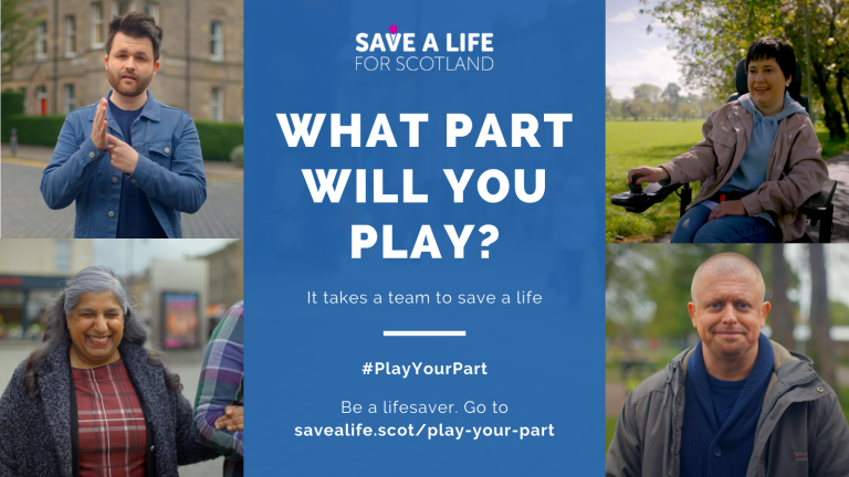Collage of portrait images. Top left: a man using BSL. Top right: a woman in a wheelchair. Bottom left: a woman with sightloss. Bottom right: a man with a hidden disability. Text insert in the middle of the image: Save a Life for Scotland logo. Heading: What part will you play? Other text: It takes a team to save a life. #PlayYourPart. Be a lifesaver. Go to savealife.scot/play-your-part.