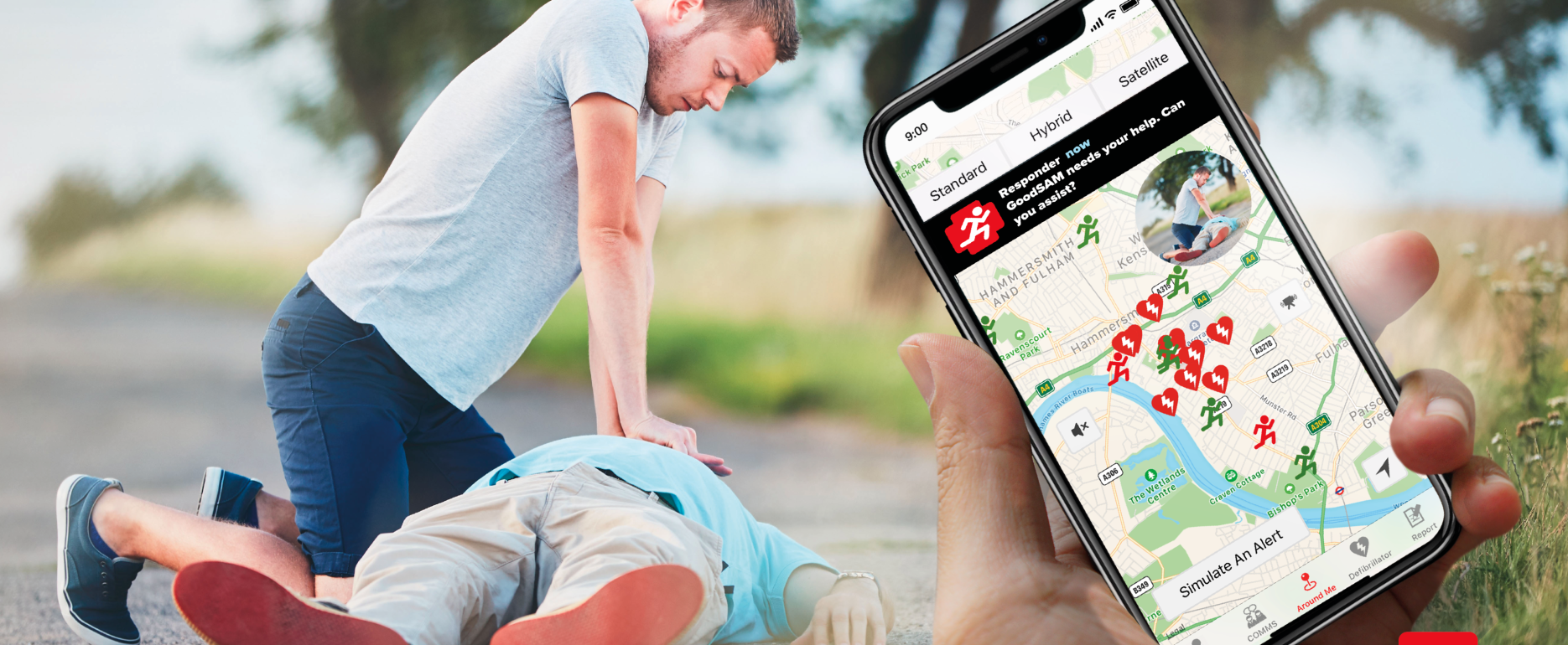 An image with an outdoor background, showing two people: one lying down and the other performing CPR. At the forefront of the image is a hand holding a smart phone with the GoodSam map on it. Below are GoodSam logos.